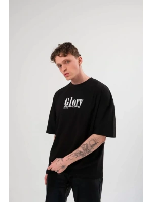 Unisex Bisiklet Yaka Baskılı Oversize T-Shirt - Siyah