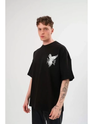 Unisex Bisiklet Yaka Baskılı Oversize T-Shirt - Siyah