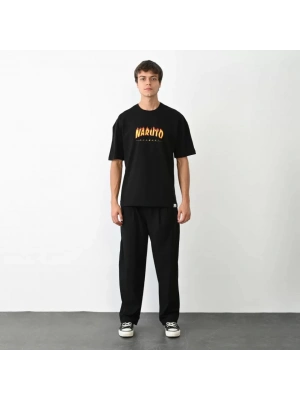 Unisex Bisiklet Yaka Baskılı Oversize T-Shirt - Siyah