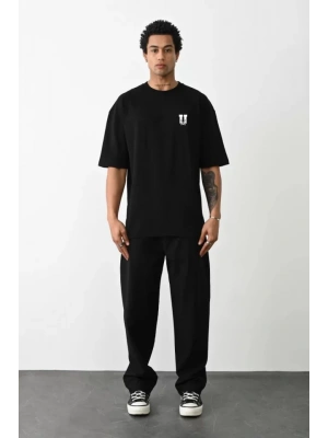 Unisex Bisiklet Yaka Baskılı Oversize T-Shirt - Siyah