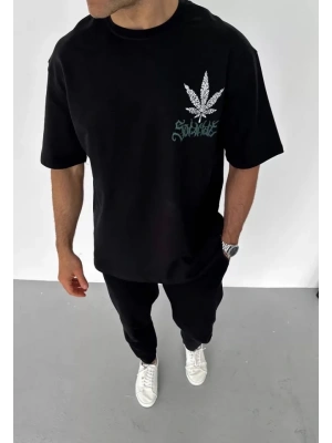 Unisex Bisiklet Yaka Baskılı Oversize T-Shirt - Siyah