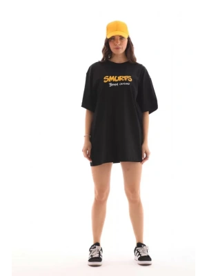 Unisex Bisiklet Yaka Baskılı Oversize T-Shirt - Siyah
