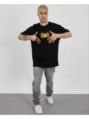Unisex Bisiklet Yaka Baskılı Oversize T-Shirt - Siyah