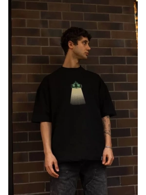 Unisex Bisiklet Yaka Baskılı Oversize T-Shirt - Siyah