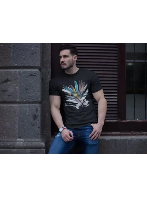 Unisex Bisiklet Yaka Baskılı Oversize T-Shirt - Siyah