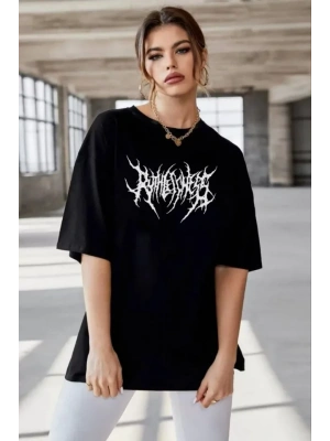 Unisex Bisiklet Yaka Baskılı Oversize T-Shirt - Siyah