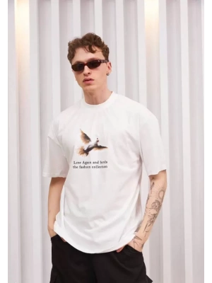 Unisex Bisiklet Yaka Baskılı Oversize T-Shirt - Siyah