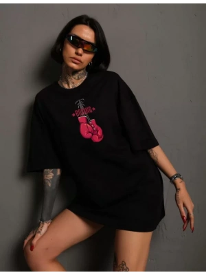 Unisex Bisiklet Yaka Baskılı Oversize T-Shirt - Siyah