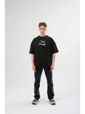 Unisex Bisiklet Yaka Baskılı Oversize T-Shirt - Siyah