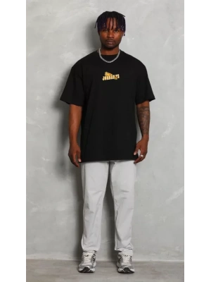 Unisex Bisiklet Yaka Baskılı Oversize T-Shirt - Siyah