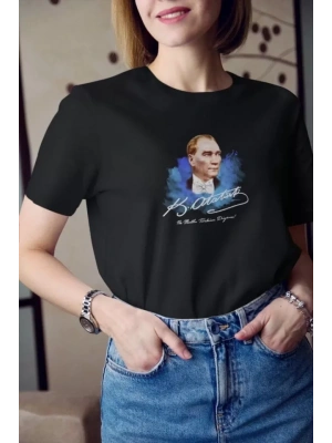 Unisex Bisiklet Yaka Baskılı Oversize T-Shirt - Siyah