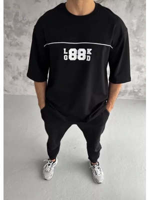 Unisex Bisiklet Yaka Baskılı Oversize T-Shirt - Siyah