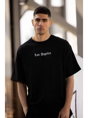 Unisex Bisiklet Yaka Baskılı Oversize T-Shirt - Siyah