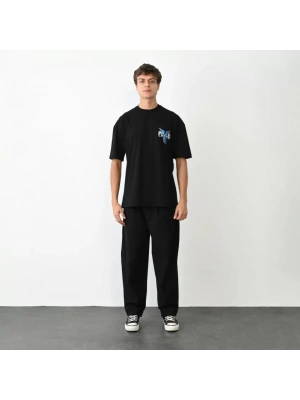 Unisex Bisiklet Yaka Baskılı Oversize T-Shirt - Siyah