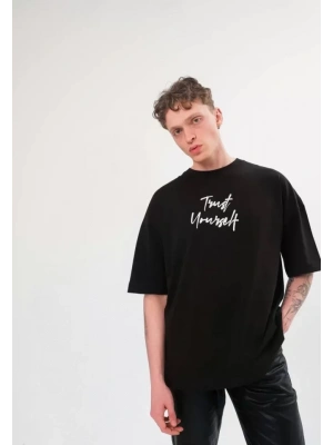 Unisex Bisiklet Yaka Baskılı Oversize T-Shirt - Siyah