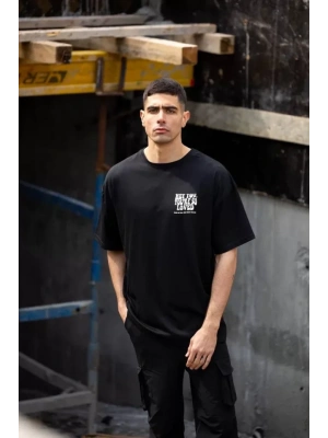 Unisex Bisiklet Yaka Baskılı Oversize T-Shirt - Siyah