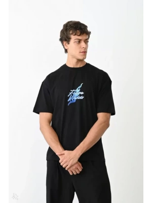 Unisex Bisiklet Yaka Baskılı Oversize T-Shirt - Siyah