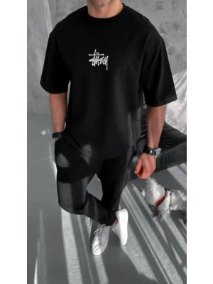 Unisex Bisiklet Yaka Baskılı Oversize T-Shirt - Siyah