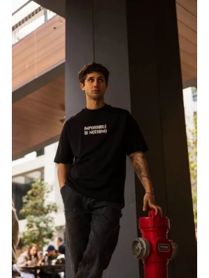 Unisex Bisiklet Yaka Baskılı Oversize T-Shirt - Siyah