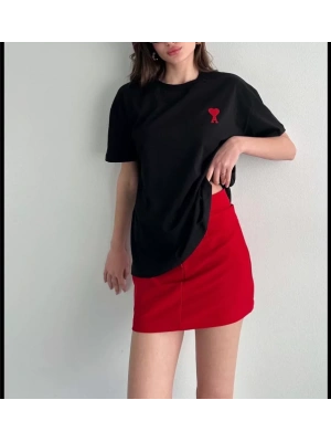 Unisex Bisiklet Yaka Baskılı Oversize T-Shirt - Siyah