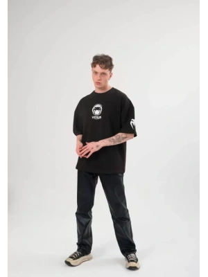 Unisex Bisiklet Yaka Baskılı Oversize T-Shirt - Siyah