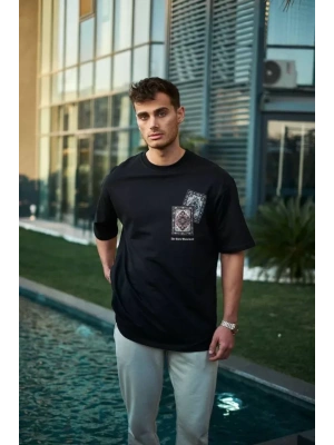 Unisex Bisiklet Yaka Baskılı Oversize T-Shirt - Siyah