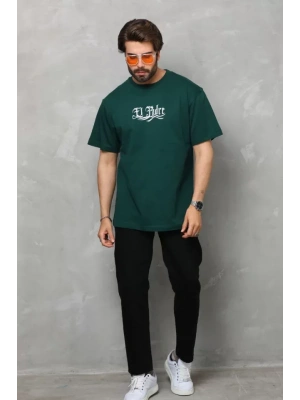 Unisex Bisiklet Yaka Baskılı Oversize T-Shirt - Yeşil
