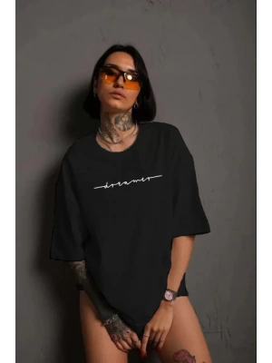 Unisex Bisiklet Yaka Baskılı T-Shirt - Siyah