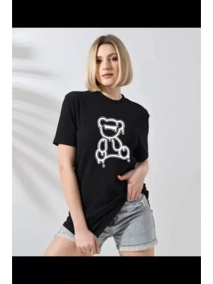 Unisex Bisiklet Yaka Baskılı T-Shirt - Siyah