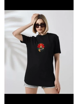 Unisex Bisiklet Yaka Baskılı T-Shirt - Siyah