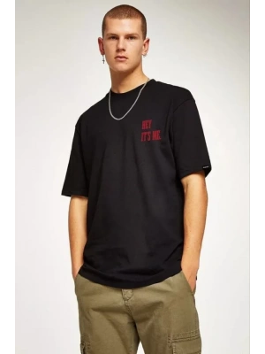 Unisex Bisiklet Yaka Oversize Baskılı T-Shirt - Siyah