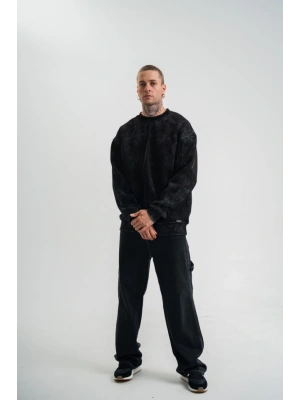 Unisex Bisiklet Yaka Özel Pis Dikişli Yıkamalı SweatShirt - Siyah