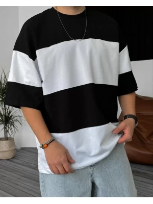 Unisex Bisiklet Yaka Parçalı T-Shirt - Siyah