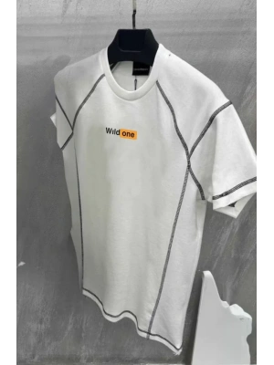 Unisex Dikişli Baskılı Oversize T-Shirt - Beyaz