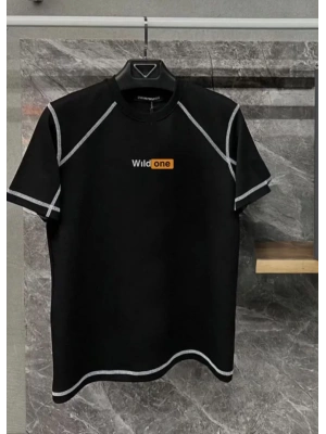 Unisex Dikişli Baskılı Oversize T-Shirt - Siyah