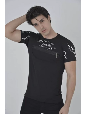 Unisex Göğüs Fermuarlı Baskılı T-Shirt - Siyah