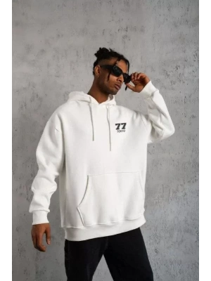 Unisex Kapşonlu Baskılı Sweetshirt - Beyaz