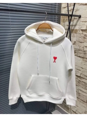 Unisex Kapşonlu Baskılı Sweetshirt - Beyaz