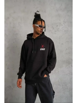 Unisex Kapşonlu Baskılı Sweetshirt - Siyah