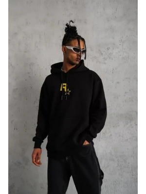 Unisex Kapşonlu Baskılı Sweetshirt - Siyah