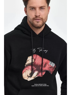 Unisex Kapüşonlu Üç İplik Oversize Baskılı Sweatshirt - Siyah