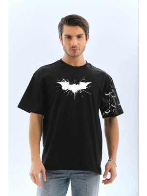 Unisex Ön Ve Kol Baskılı Oversize T-shirt - Siyah