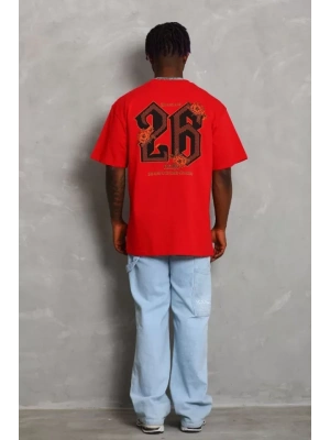 Unisex Oversize Baskılı Bisiklet Yaka T-Shirt - Kırmızı