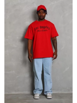 Unisex Oversize Baskılı Bisiklet Yaka T-Shirt - Kırmızı