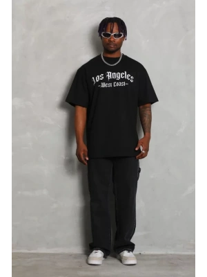 Unisex Oversize Baskılı Bisiklet Yaka T-Shirt - Siyah