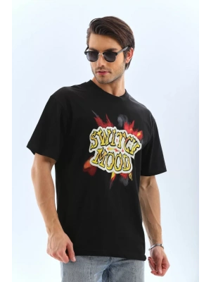 Unisex Oversize Baskılı Bisiklet Yaka T-Shirt - Siyah