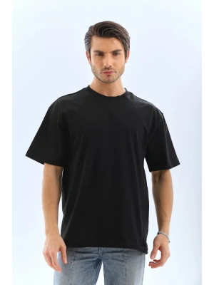 Unisex Oversize Düz Bisiklet Yaka T-Shirt - Siyah