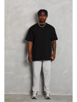 Unisex Oversize Düz Bisiklet Yaka T-Shirt - Siyah