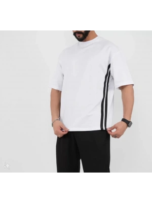 Unisex Oversize Yanları Şeritli T-Shirt - Beyaz