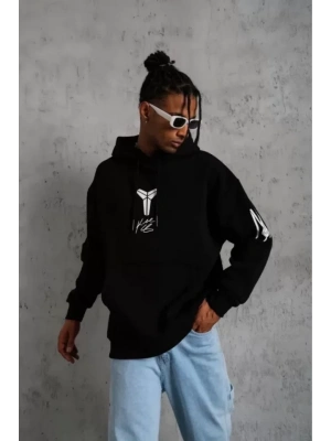 Unisex Sırt Baskılı Kapüşonlu Üç İplik Oversize Sweatshirt - Siyah